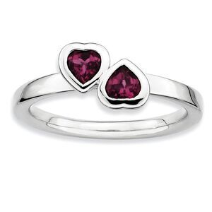 Sterling Silver Stackable Double Heart Rhodolite Garnet Ring, Size 10